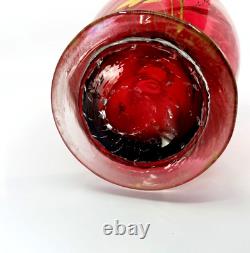 Cranberry Glass Vase Hand Blown Rigaree Rim Enamel Hand Painted