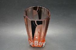 Czech Art Deco Modernism Pink Glass Vase with Black Enamel K Palda