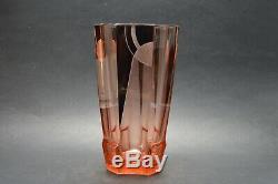 Czech Art Deco Modernism Pink Glass Vase with Black Enamel K Palda