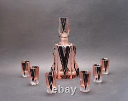 Czech Art Deco Modernism Pink Glass with Black Enamel Decanter Set Karl Palda