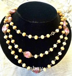 Czech Filigree Pink Art Glass & Tinted Glass Pearl Beaded Chain Vintage Necklace Czech Filigree Pink Art Glass & Tinted Glass Pearl Beaded Chain Vintage Necklace