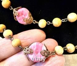 Czech Filigree Pink Art Glass & Tinted Glass Pearl Beaded Chain Vintage Necklace