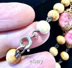 Czech Filigree Pink Art Glass & Tinted Glass Pearl Beaded Chain Vintage Necklace