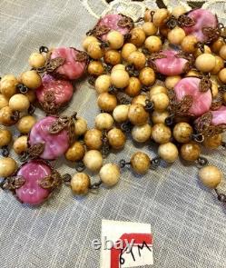 Czech Filigree Pink Art Glass & Tinted Glass Pearl Beaded Chain Vintage Necklace