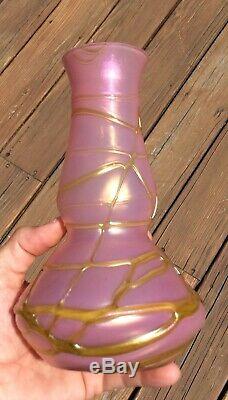 Czech Pink Decorated Art Glass Iridescent Vase