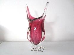 Czech art glass vase Josef Hospodka Chribska pink 1960 rare 32cm large & heavy