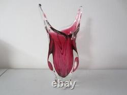 Czech art glass vase Josef Hospodka Chribska pink 1960 rare 32cm large & heavy