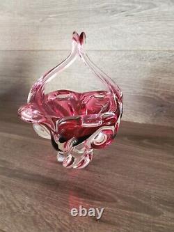 Czechoslovakian Hand Blown Glass Basket Glass Cranberry/Pink Glass Centerpiece