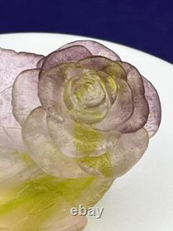 DAUM Frence Vintage Pink Green Amethyst Art Glass Rose Bowl Pate de Verre withbox