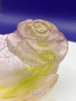 DAUM Frence Vintage Pink Green Amethyst Art Glass Rose Bowl Pate de Verre withbox