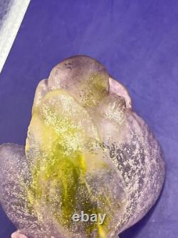 DAUM Frence Vintage Pink Green Amethyst Art Glass Rose Bowl Pate de Verre withbox