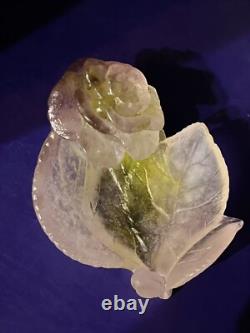 DAUM Frence Vintage Pink Green Amethyst Art Glass Rose Bowl Pate de Verre withbox