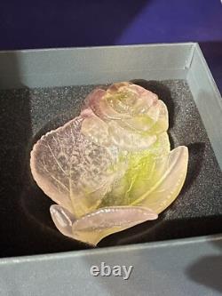 DAUM Frence Vintage Pink Green Amethyst Art Glass Rose Bowl Pate de Verre withbox
