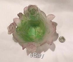 DAUM Pate de Verre French Crystal Trinket Dish Bowl Rose Flower Signed 5.25