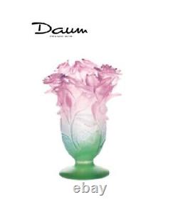 DAUM Roses Green and Pink Vase 03507 FRANCE CRYSTAL GLASS Brand New in Box