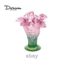 DAUM Roses Green and pink medium vase 02570 FRANCE CRYSTAL GLASS Brand New