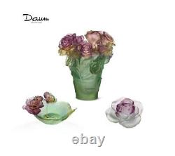 DAUM SET Rose Passion Vase, Flower, Small Bowl FRANCE CRYSTAL New Box Green Pink