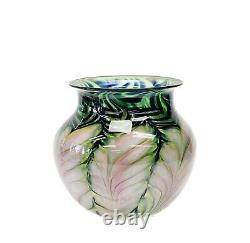 Daniel Lotton Art Glass Vase Pink and Green Pulled Feather Signed