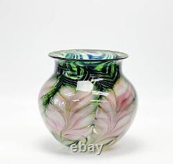 Daniel Lotton Art Glass Vase Pink and Green Pulled Feather Signed