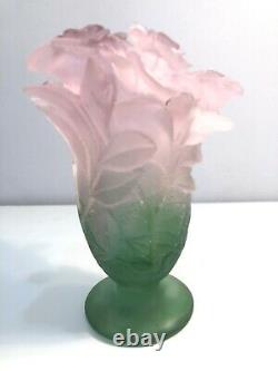 Daum France Crystal Pate De Verre Roses Vase Pink Green Flowers Mint