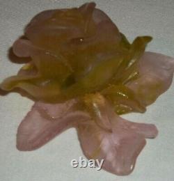 Daum France Lt Pink Green Flower Pate de Verre Signed Figurine Paperweight CC