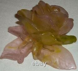 Daum France Lt Pink Green Flower Pate de Verre Signed Figurine Paperweight CC