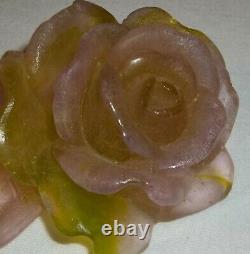 Daum France Lt Pink Green Flower Pate de Verre Signed Figurine Paperweight CC