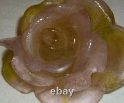 Daum France Lt Pink Green Flower Pate de Verre Signed Figurine Paperweight CC