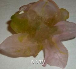 Daum France Lt Pink Green Flower Pate de Verre Signed Figurine Paperweight CC