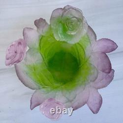 Daum France Pate De Verre Crystal Rose Bowl Pink Green Floral Art Glass