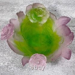 Daum France Pate De Verre Crystal Rose Bowl Pink Green Floral Art Glass