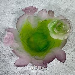 Daum France Pate De Verre Crystal Rose Bowl Pink Green Floral Art Glass