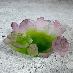 Daum France Pate De Verre Crystal Rose Bowl Pink Green Floral Art Glass