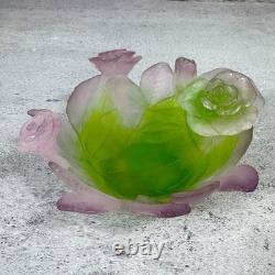 Daum France Pate De Verre Crystal Rose Bowl Pink Green Floral Art Glass