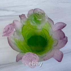 Daum France Pate De Verre Crystal Rose Bowl Pink Green Floral Art Glass