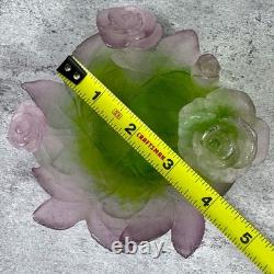 Daum France Pate De Verre Crystal Rose Bowl Pink Green Floral Art Glass