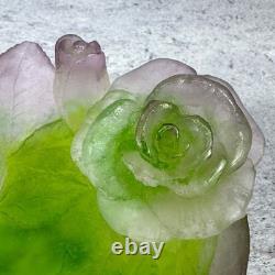 Daum France Pate De Verre Crystal Rose Bowl Pink Green Floral Art Glass