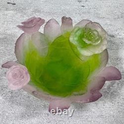 Daum France Pate De Verre Crystal Rose Bowl Pink Green Floral Art Glass