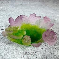 Daum France Pate De Verre Crystal Rose Bowl Pink Green Floral Art Glass