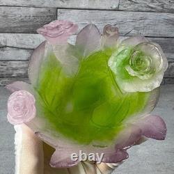 Daum France Pate De Verre Crystal Rose Bowl Pink Green Floral Art Glass