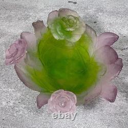 Daum France Pate De Verre Crystal Rose Bowl Pink Green Floral Art Glass