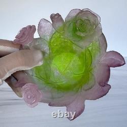Daum France Pate De Verre Crystal Rose Bowl Pink Green Floral Art Glass