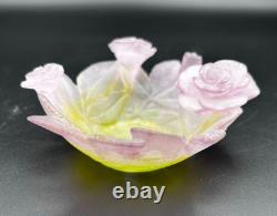 Daum (France) Pate de Verre Crystal ROSE Bowl/Dish Pink/Green (5 Dia) EXC