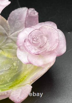 Daum (France) Pate de Verre Crystal ROSE Bowl/Dish Pink/Green (5 Dia) EXC