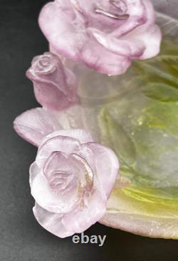 Daum (France) Pate de Verre Crystal ROSE Bowl/Dish Pink/Green (5 Dia) EXC