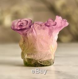 Daum Roses Candle Holder Pink Green Pate de Verre French Crystal Mint Signed