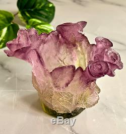 Daum Roses Candle Holder Pink Green Pate de Verre French Crystal Mint Signed