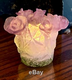 Daum Roses Candle Holder Pink Green Pate de Verre French Crystal Mint Signed