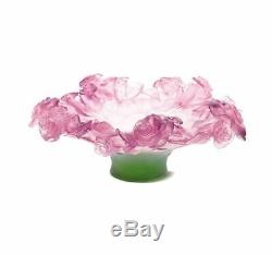Daum Roses Footed Bowl 01612 Vase Pink Green French Glass Art