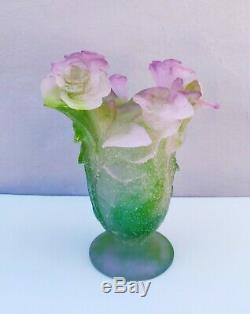 Daum Roses Pâte de Verre Vase Pink Green French Crystal Glass 03507
